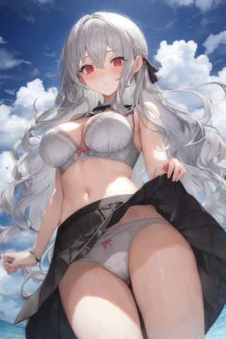 Medium hair, Wavy hair, Outdoor, Embarrassed, Lifting up skirt, From below, Skirt, Masterpiece, Underwear